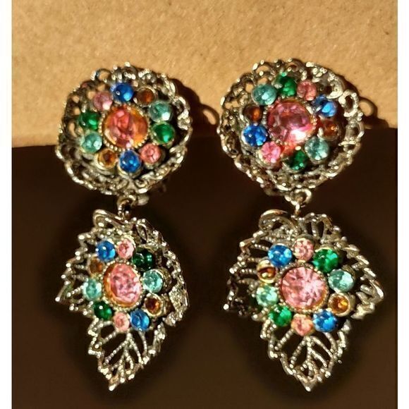 Pastel Rhinestone Dangling Leaf Clip On Earrings Silver Unmarked‎ - Picture 11 of 11